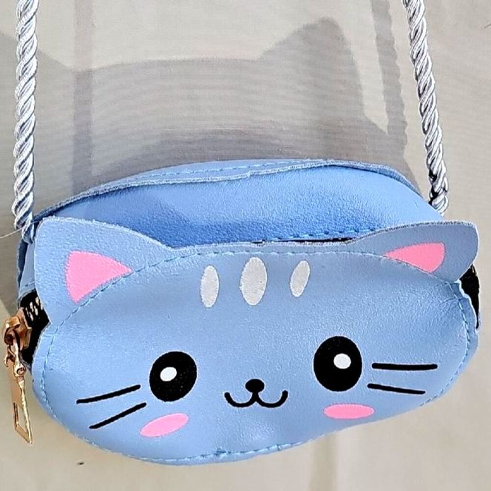 Kawaii Kitty Cat Crossbody Bag Pastel Blue Mini Coin Purse Faux Leather Pouch
